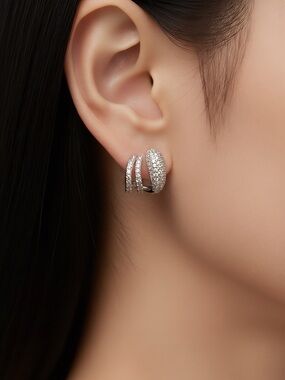 Luxury Silver Pavé Huggie Hoop Earrings - Sparkling Crystal Detail